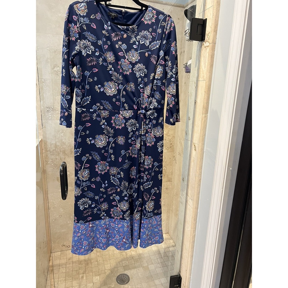 Talbots 14P Dress Floral Twist Faux Wrap Jersey Stretch Blue Pink Midi Petite